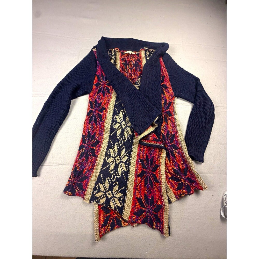 Miami Knit Open Front Cardigan Sweater Navy Multicolor Geometric Women's S